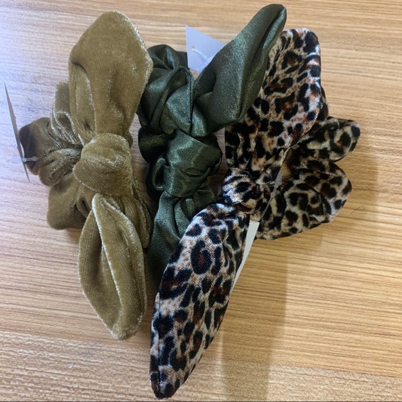 Set of 3 Bunny Ear Scrunchies - Leopard/Gold/Olive - Picture 6 of 6